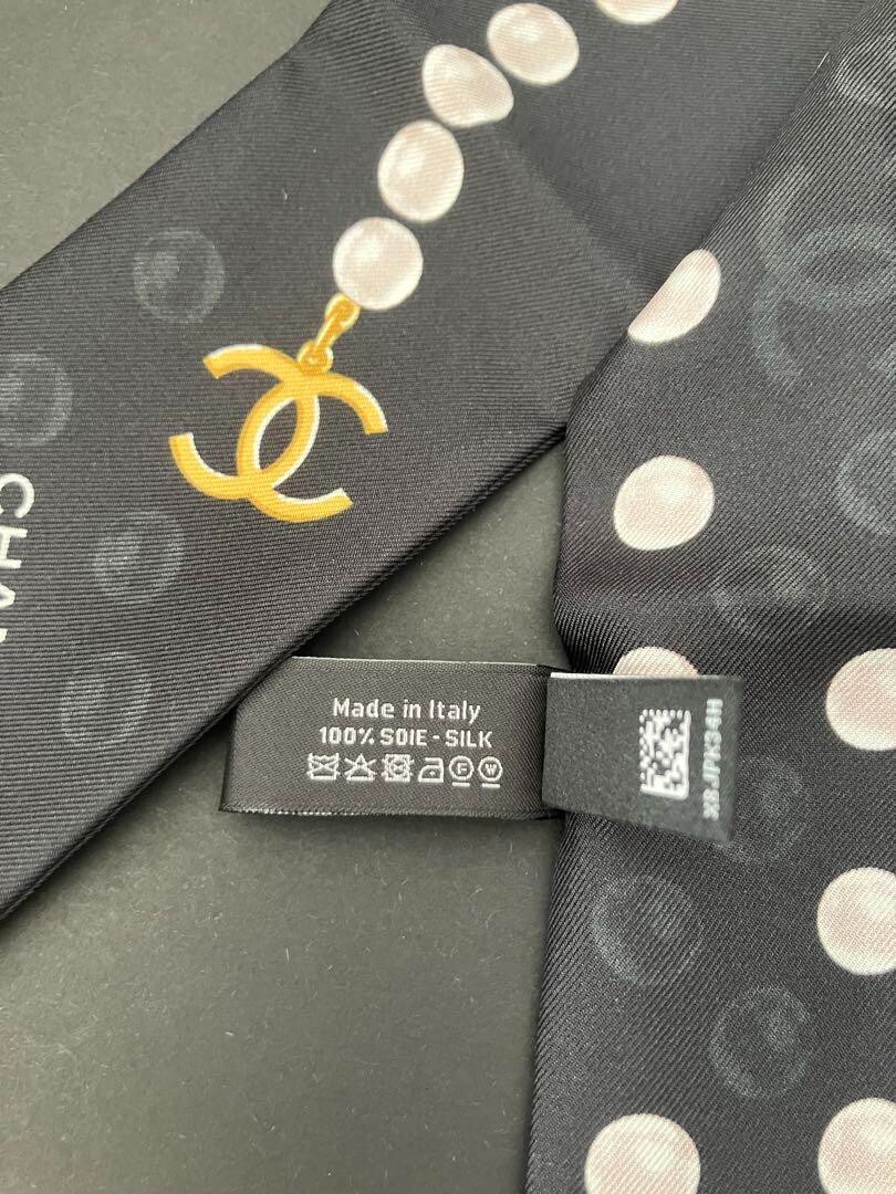 CHANEL 25P Silk Scarf Hairband Pearl Pattern Black Box Camellia