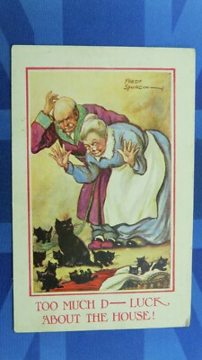 Vintage Fred Spurgin Comic Postkarte 1910er Lucky Black Cat Kittens TOO MUCH LUCK