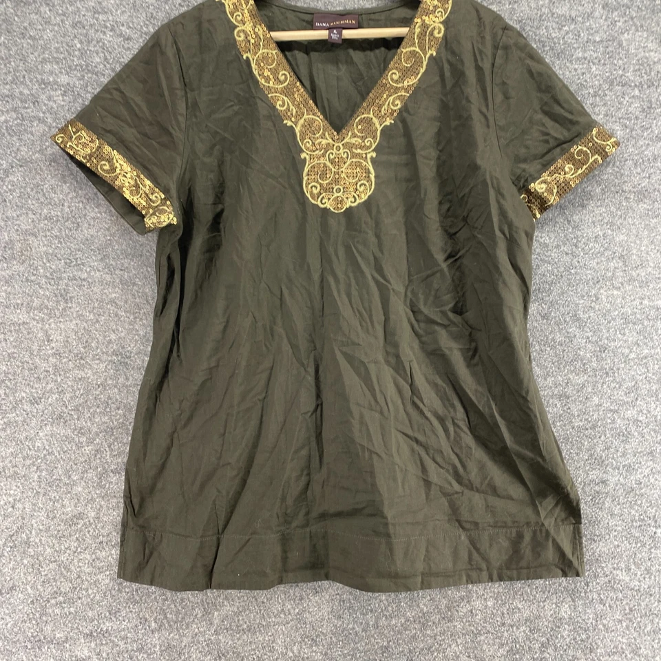 Dana Buchman Blouse Women XL Gray Sequin V-Neck Short Sleeve Pullover Cotton - Image 4 of 4