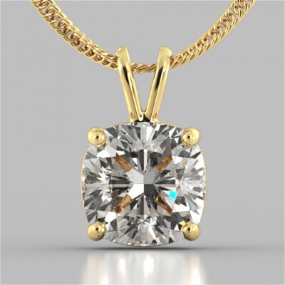 2.00 Ct Cushion VVS1/D Real Moissanite Solitaire Pendant 14K Solid Yellow Gold