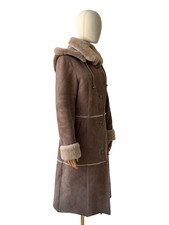 Vintage Sheepskin Shearling Coat Brown Hooded...