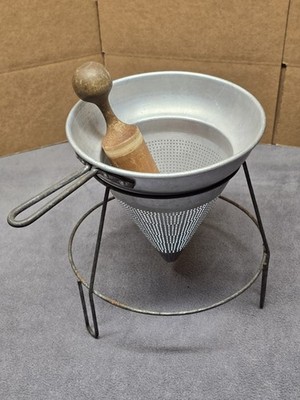 Wear Ever No 8 Aluminum Cone Colander Strainer Sieve Vintage w/ Wood Pestle