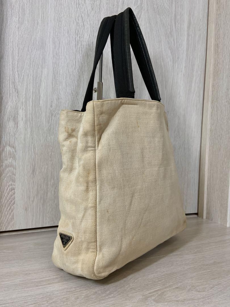 PRADA White Ivory Canvas Leather Tote Bag with Triangle Logo Plate #PCAAHI