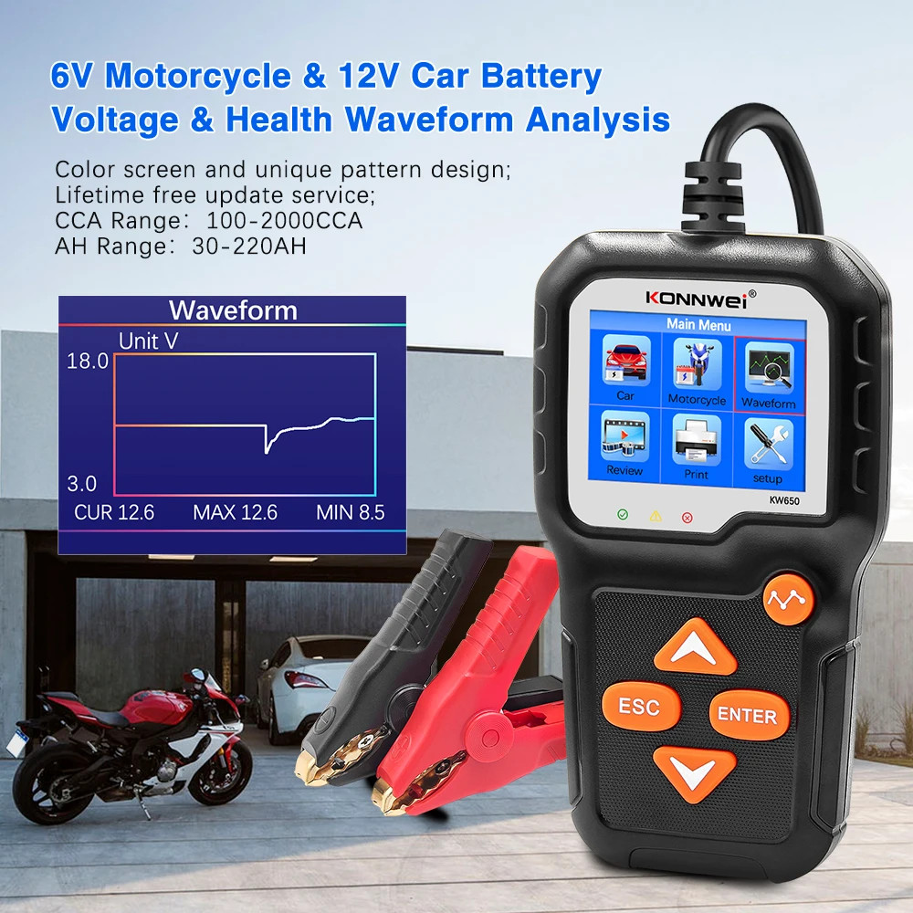 KW650 Car Motorcycle Battery Tester 6V/12V Auto Battery Analyzer 100-2000 CCA