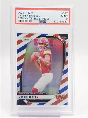 JAYDEN DANIELS 2024 PANINI PRIZM ROOKIE RED WHITE BLUE C RC PSA 9 Q0004