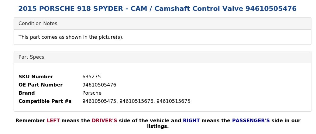 Porsche 918 Spyder 2015 Camshaft