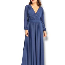 Tantease Navy Blue Maxi Dress Long Sleeve Slit Shoulder Draped Pleated Evening