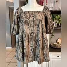 Large Mustard Seed Brown Tiger Dress Summer or Fall Autumn Flowy Puff Sleeve