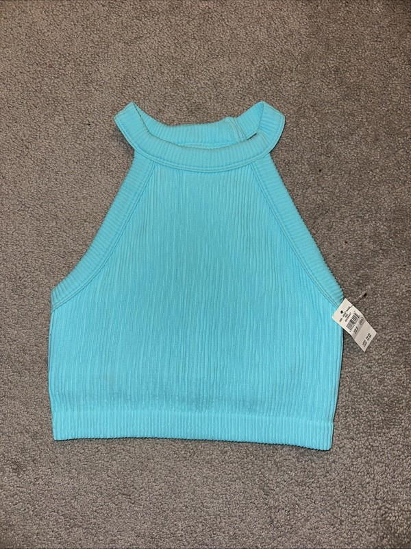 New Aerie Super Chill Bralette Aqua Blue Small High Neck Bra Crop Top Ribbed