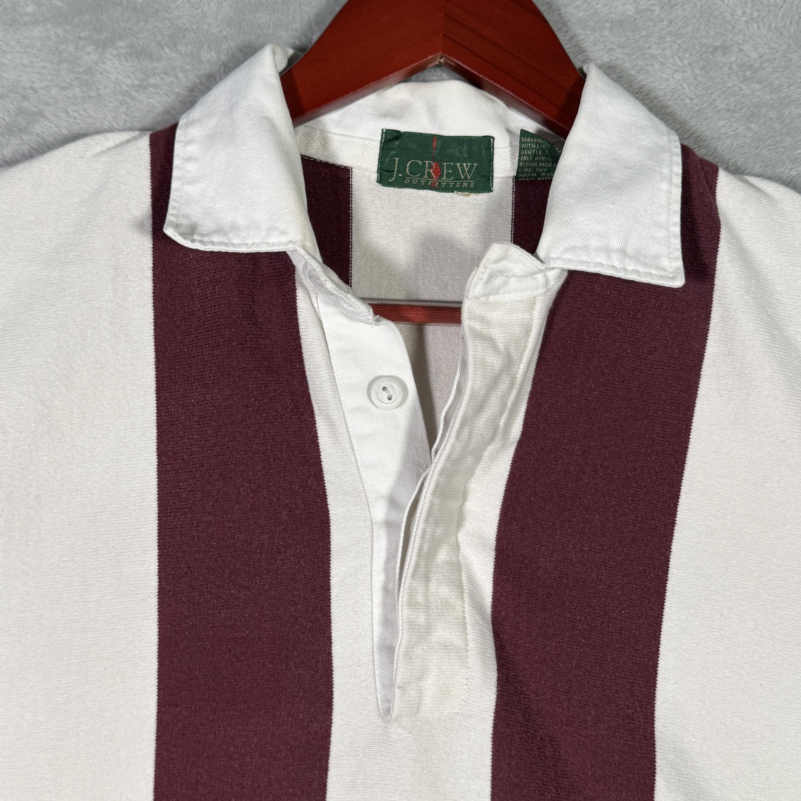 Vintage J Crew Rugby Shirt Mens L Maroon Stripe Oarsman Long Sleeve 90s *FLAW