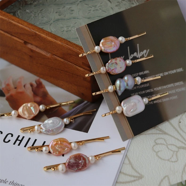 Horquilla de un borde vintage elegante de perla barroca de agua dulce hecha a mano 5 piezas Foto 4 de 4