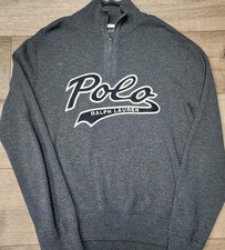 Polo Ralph Lauren Men's M Knit 1/4 Zip Crew Neck Sweater Dark Gray L/S Spellout