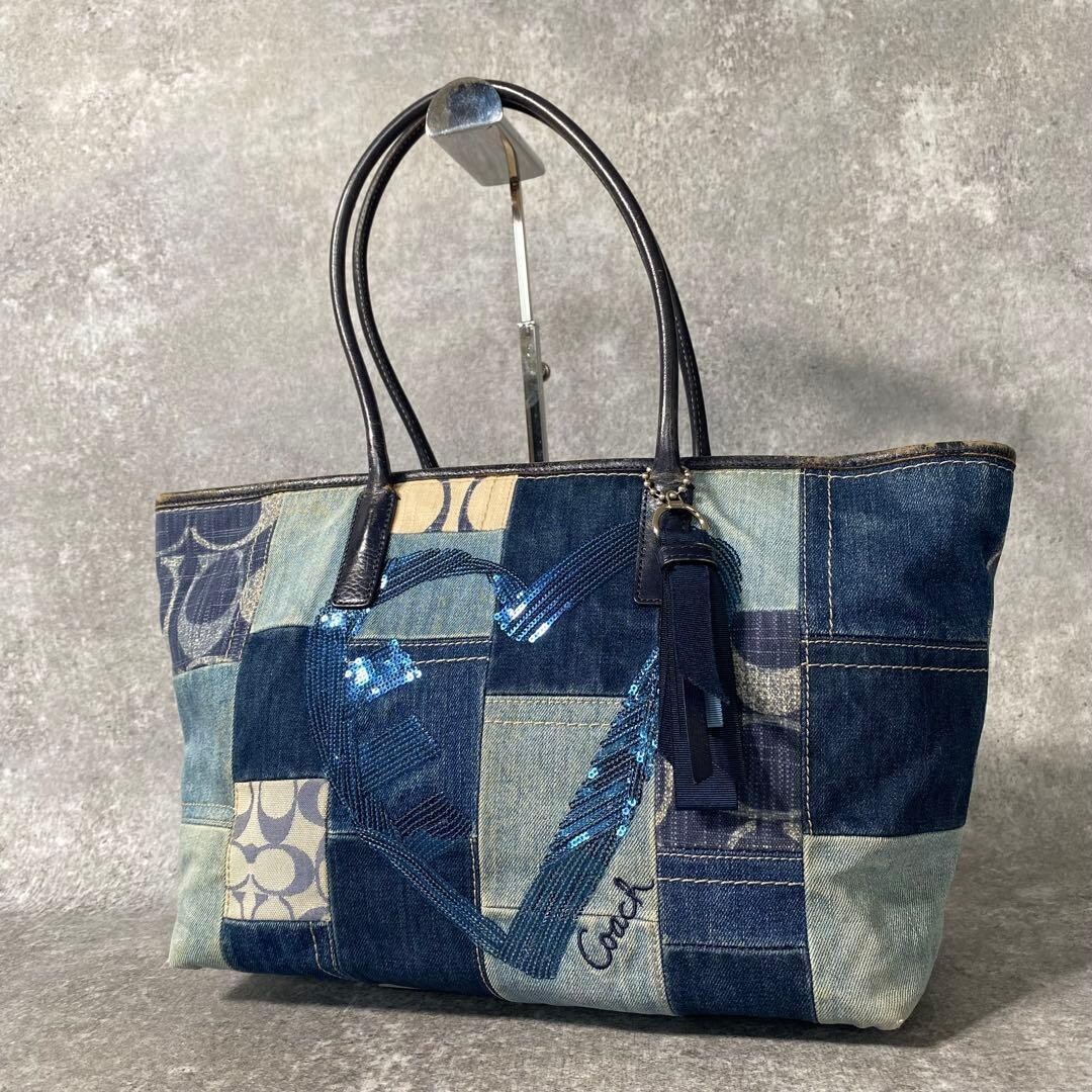 Coach Poppy Denim Patchwork Tote Bag Blue Leather Tri… - Gem