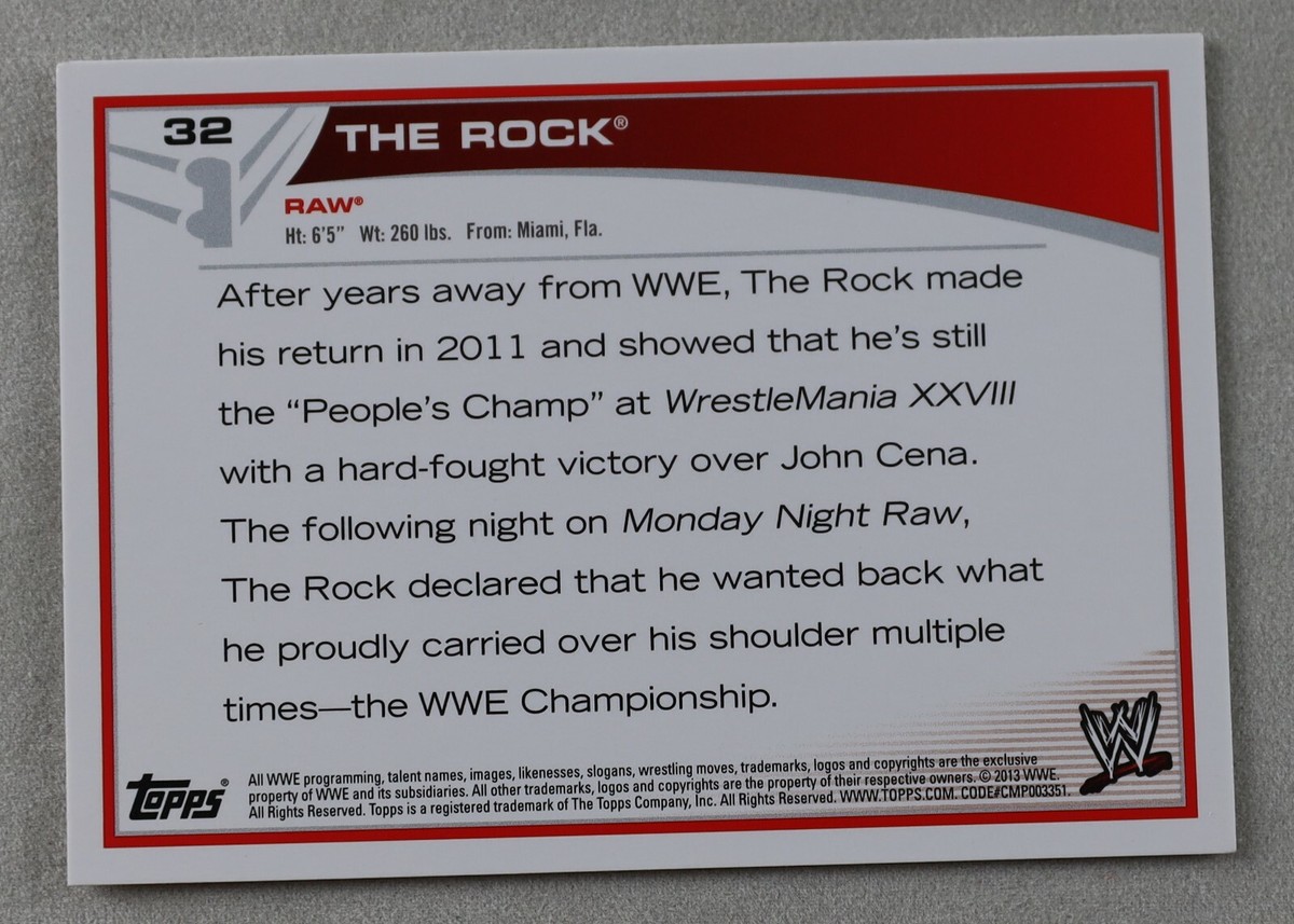 The Rock WWE Pro Wrestling Trading Card Topps Wrestler #32 2013