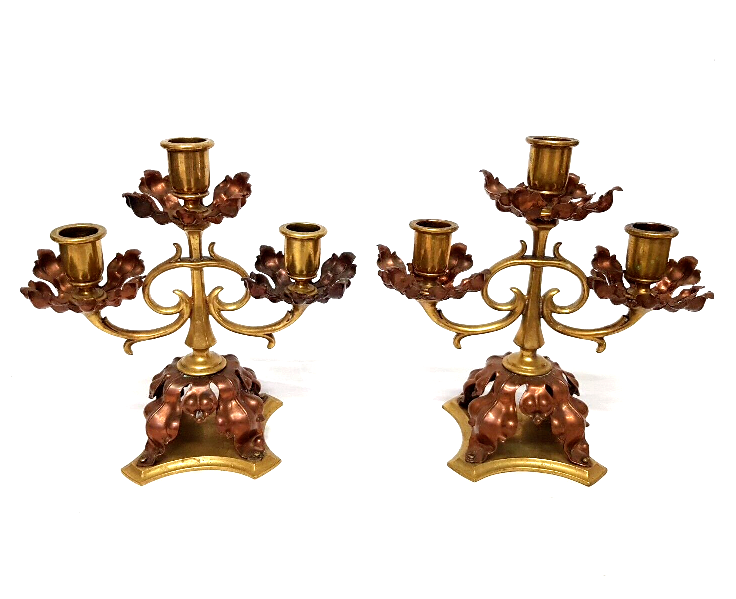 ANTIQUE PAIR OF AESTHETIC MOVEMENT BRASS & COPPER CANDELABRA CANDLE