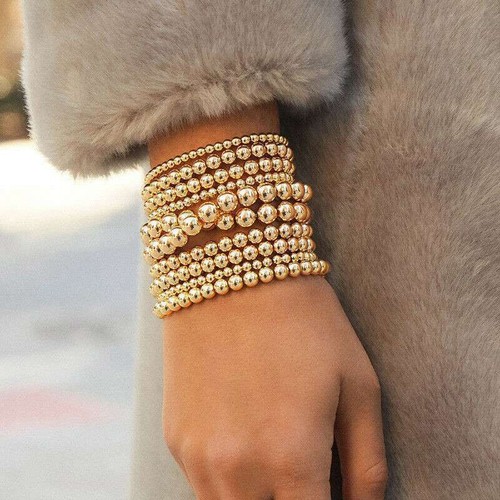 Stretch Beads Clasp Cord Gold No Stackable Bohemian Alloy Filled Bracelets - Picture 2 of 22