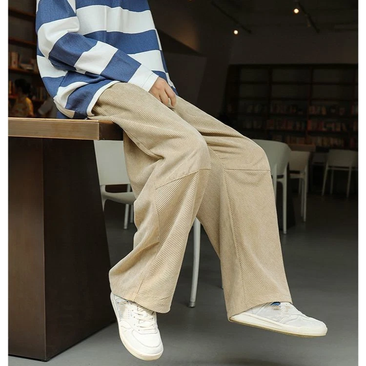 Men Wide Leg Straight Pants Corduroy Casual Pants Loose Plus Long Pants