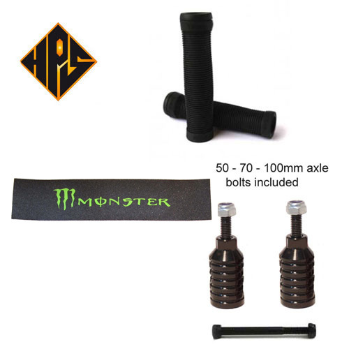 PRO STUNT SCOOTER SET DECK GRIP TAPE BAR GRIPS PEGS & 3 WHEEL AXLES GRIPTAPE - Picture 4 of 5