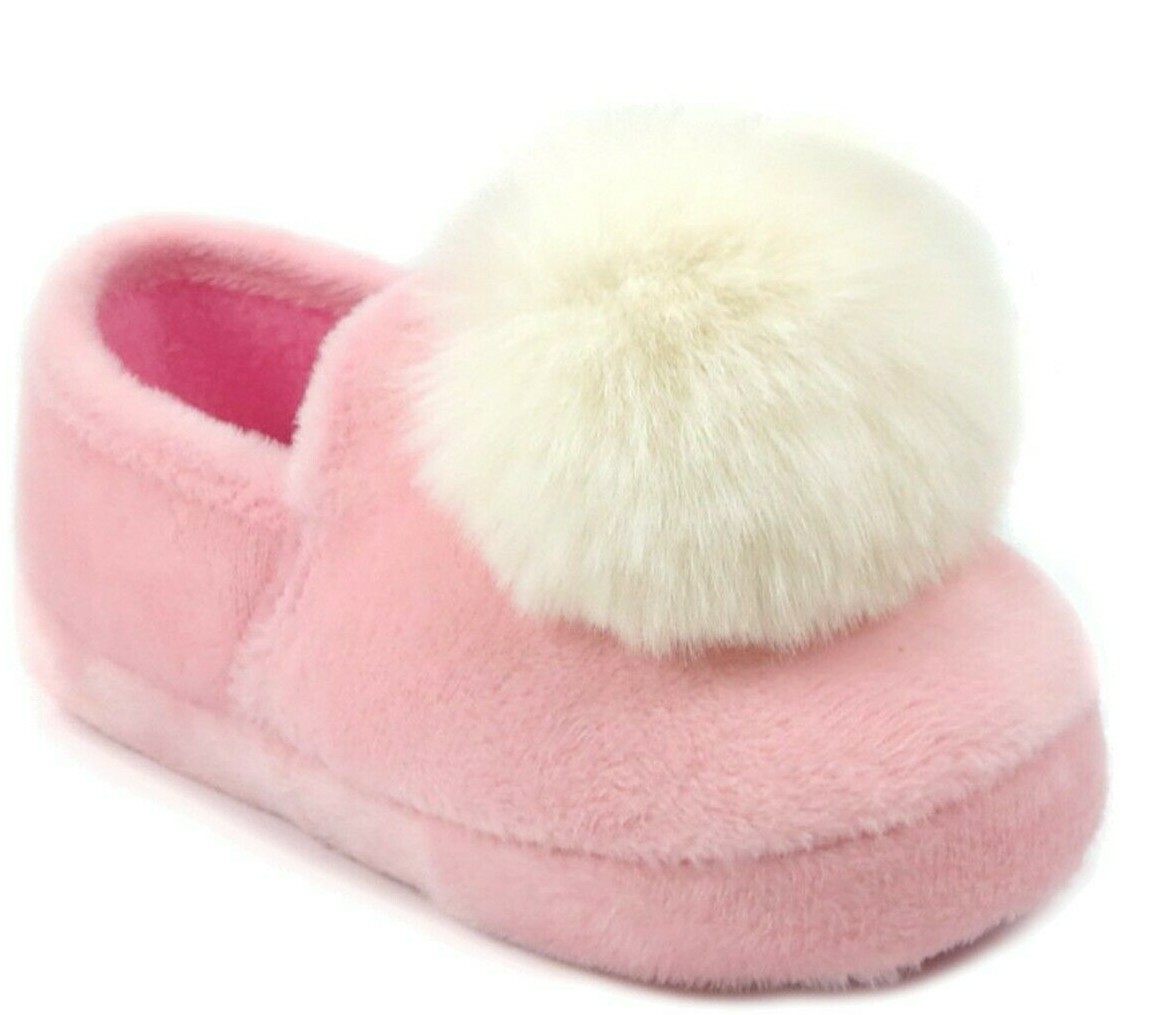 Wonder Nation Girls Slippers House Shoes Size 9/10 Pink With White Pom Soft New-image