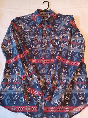 Rock and Roll Cowboy Shirt Long Sleeve Pearl Snap Aztec Blue Mens Size Large