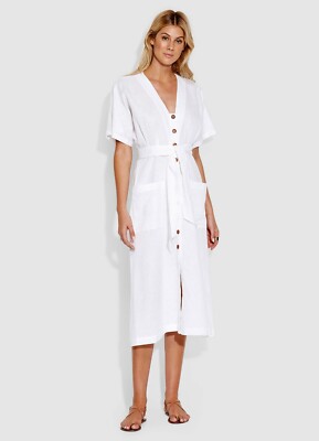 SEAFOLLY Ocean Alley Button Front Dress Medium White Linen V-Neck Tassels  NWT