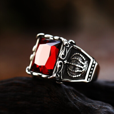 Vintage King Queen Crown Ring Stainless Steel Gothic Red CZ Stone Signet  Ring