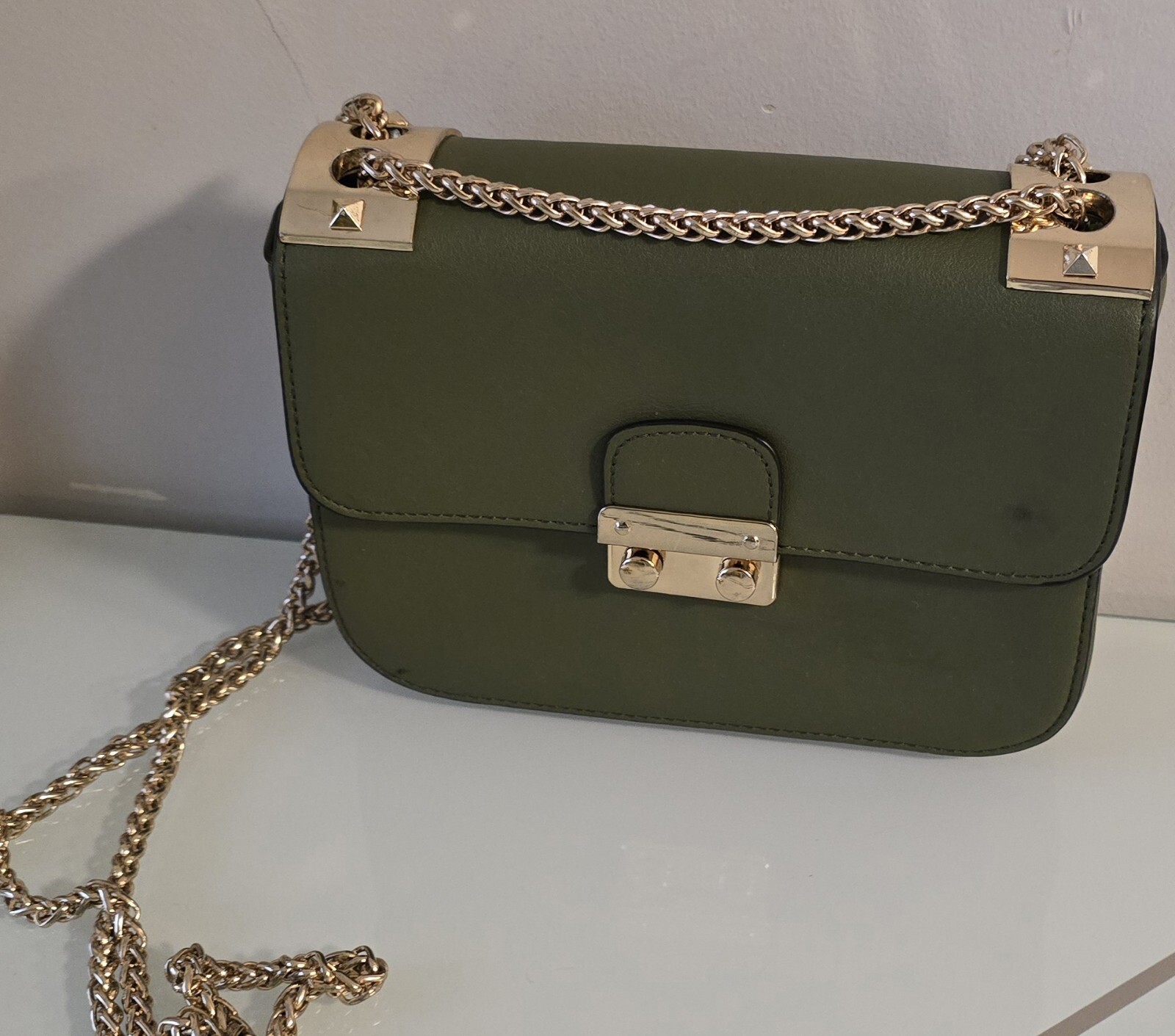 Small Olive Green Faux Leather Flap Bag Crossbody Gold Chain Shoulder Handbag