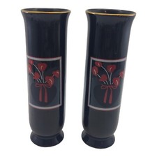 Otagiri Authurium Black Bud Vases Red Calla Lilly Curtis Swann Set of 2