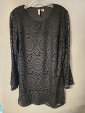 Black Lace Dress Overlay Shift Short Lined Long Sleeve Tacera Size PL 