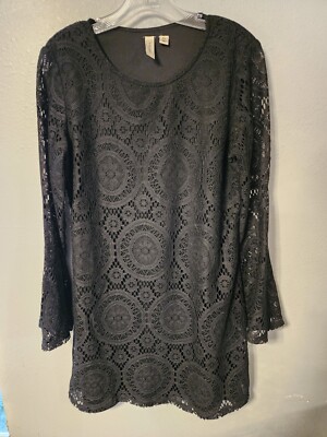 Black Lace Dress Overlay Shift Short Lined Long Sleeve Tacera Size PL | eBay