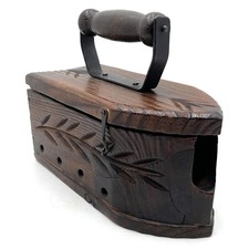 VTG Wood Carved Iron-Shaped Hinged Box Yarn Holder Americana Primitive