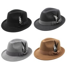 Men Women Short Brim Dress Felt Fedora Panama Hat w Bow Feather Derby Trilby Hat