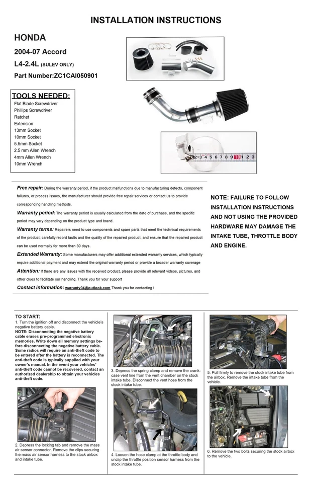 Kit de admisión de aire frío para Honda Accord 2004 2005 2006 2007 L4 2,4 L aluminio Foto 3 de 4