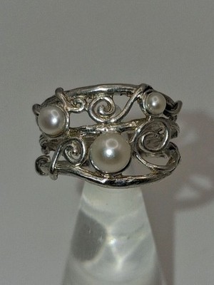 Vintage Sterling Silver Unique Wire Wrap Pearl Ring Size 8