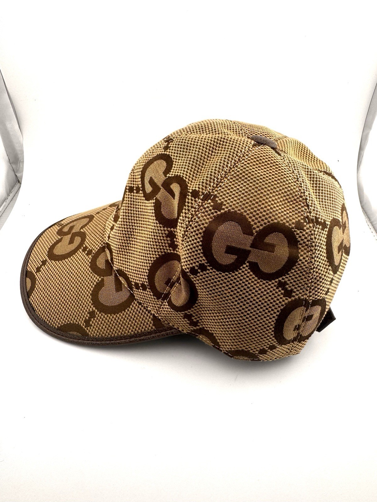 Gucci Web Detail Large Logo Print Adjustable Baseball Cap Beige Brown Sz M -NWOT thumbnail 2