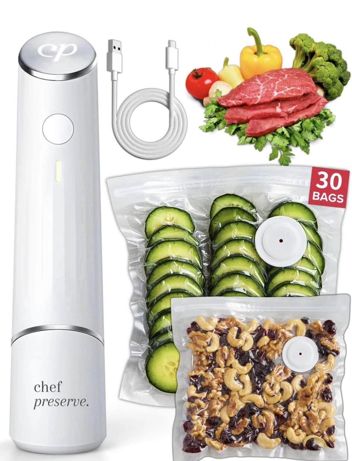 Chef Preserve Compact Handheld Food Vacuum Sealer Machine + 30 Reusable Bags