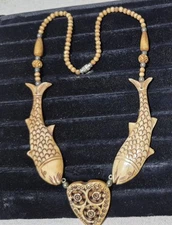 Vintage, beautiful Fish BONE Hand Carved Necklace with Beads, 20.5  Inches long