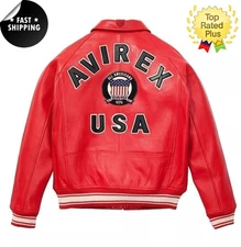 Mens Avirex Red Real Bomber American Flight Jacket Leather Jacket. FAST SHIPPING