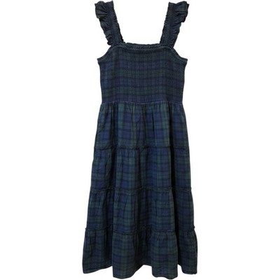 J.Crew Black Watch Plaid Smocked Tiered Midi Dress Green Blue Ruffle Strap XS