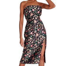 Lulus Make A Move Black Satin Floral Jacquard Strapless Midi Dress Size XS