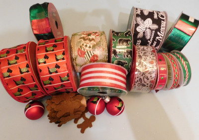 SELECTION OF RED, BLACK AND GREEN FABRIC RIBBONS FOR HOLIDAY FUN
