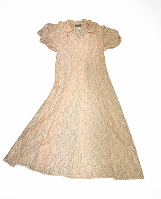 Vintage Dawn Joy Fashions Pink Lace Maxi Dress Corset Back Made USA Nylon