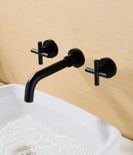 Bathroom Wall Mounted Basin Mixer Tap Black Brass 2 Handles Swivel Sink Faucet