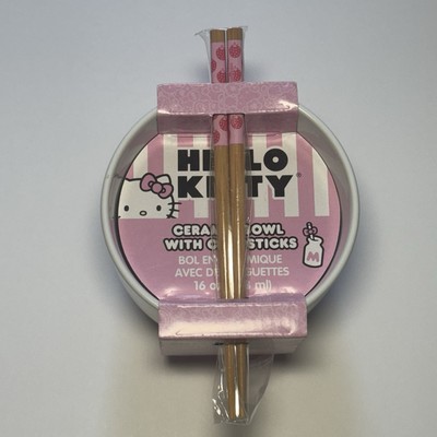 NEW Sanrio Hello Kitty Strawberry 16 oz Ceramic Bowl with Chopsticks Pink White