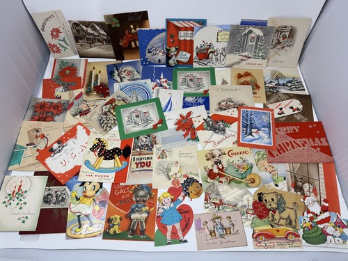 VTG 1930’s GREETING CARDS Christmas Valentine Birthday Flocked Die Cut Lot Of 50 - Bild 2 von 19