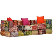Pouf Modulare a 2 Posti con Braccioli in Tessuto Patchwork Letto Sofa vidaXL