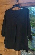 Women's Black V Neck Blouse M Roll Tab Sleeve Batwing Oversized Chiffon Tunic