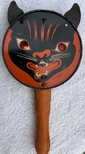 Rare Antique Vintage Halloween T. Cohn Black Cat Clanger Noisemaker w/Wood Eyes
