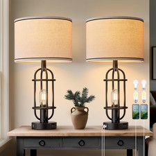 Set of 2 Black Table Lamps with USB Ports, 22.3" Farmhouse Style