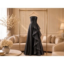 Azazie Manon Black Formal Gown NWT Size 4 Side Ruffle Floor Length Black Tie